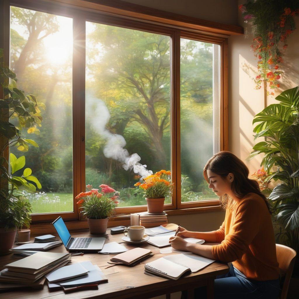 A person sitting at a cozy desk surrounded by notebooks and a laptop, with a steaming cup of coffee, deep in thought as colorful ideas float around them in speech bubbles. In the background, a large window revealing a sunny garden symbolizes growth and inspiration. This scene represents the journey from imagination to a vibrant online presence. super-realistic. warm colors. inviting atmosphere.