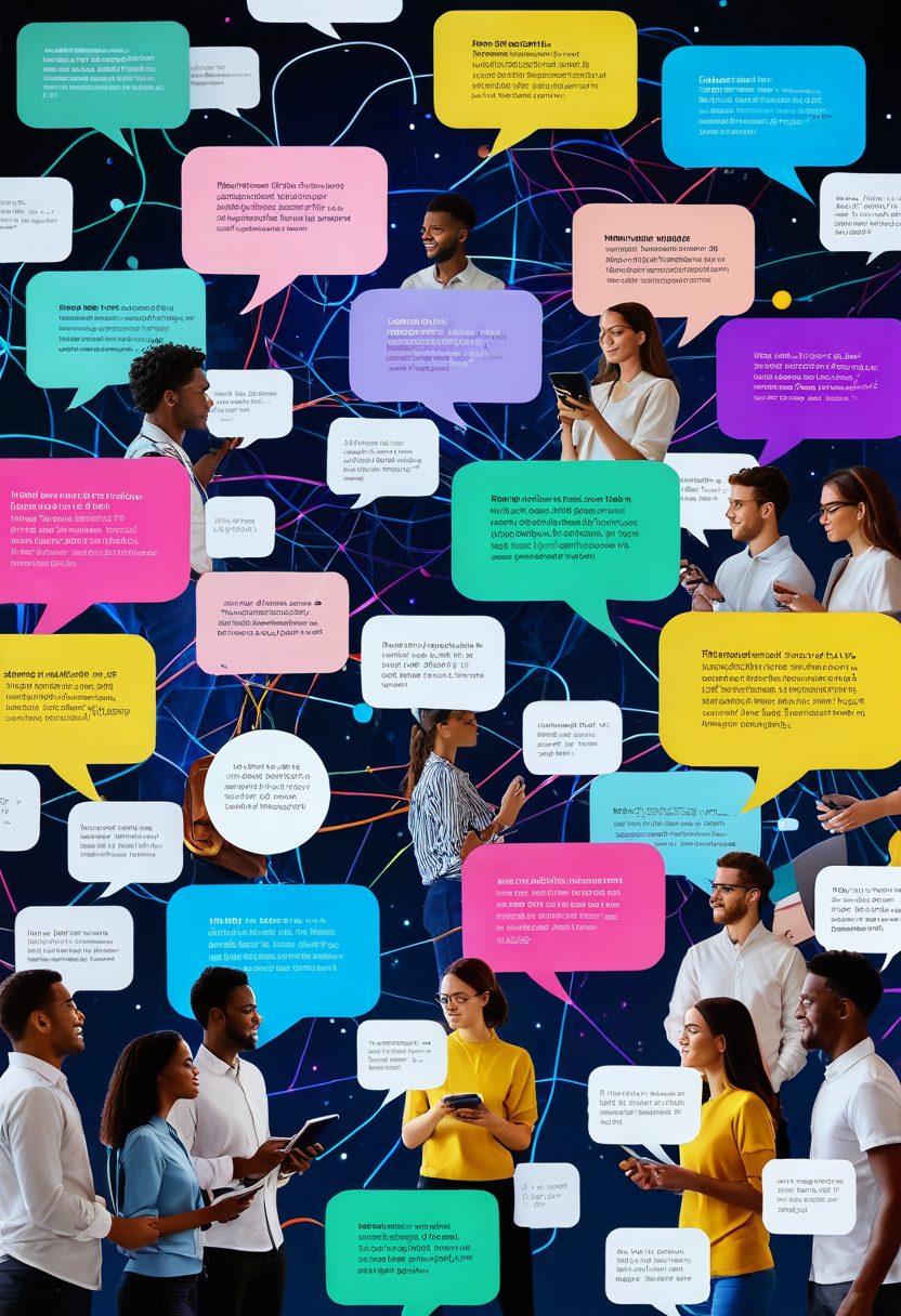 A collage of diverse people interacting with digital diaries, each showcasing vibrant thoughts and ideas in beautifully designed layouts. The background features a glowing digital network symbolizing connection and conversation, while floating speech bubbles with varied languages show inclusivity. Bright colors to depict creativity and engagement. super-realistic. vibrant colors. 3D.