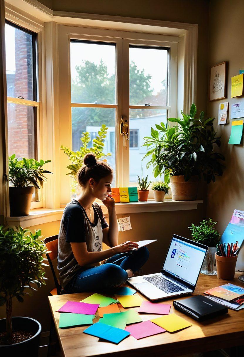 A vibrant scene of a person sitting at a cozy desk with a laptop open, surrounded by colorful post-it notes, art supplies, and a steaming cup of coffee, symbolizing the act of creativity and blogging. Bright window with sunlight streaming in, creating a warm ambiance. Include elements like a potted plant, and an inspiring quote on the wall. super-realistic. vibrant colors. cozy atmosphere.